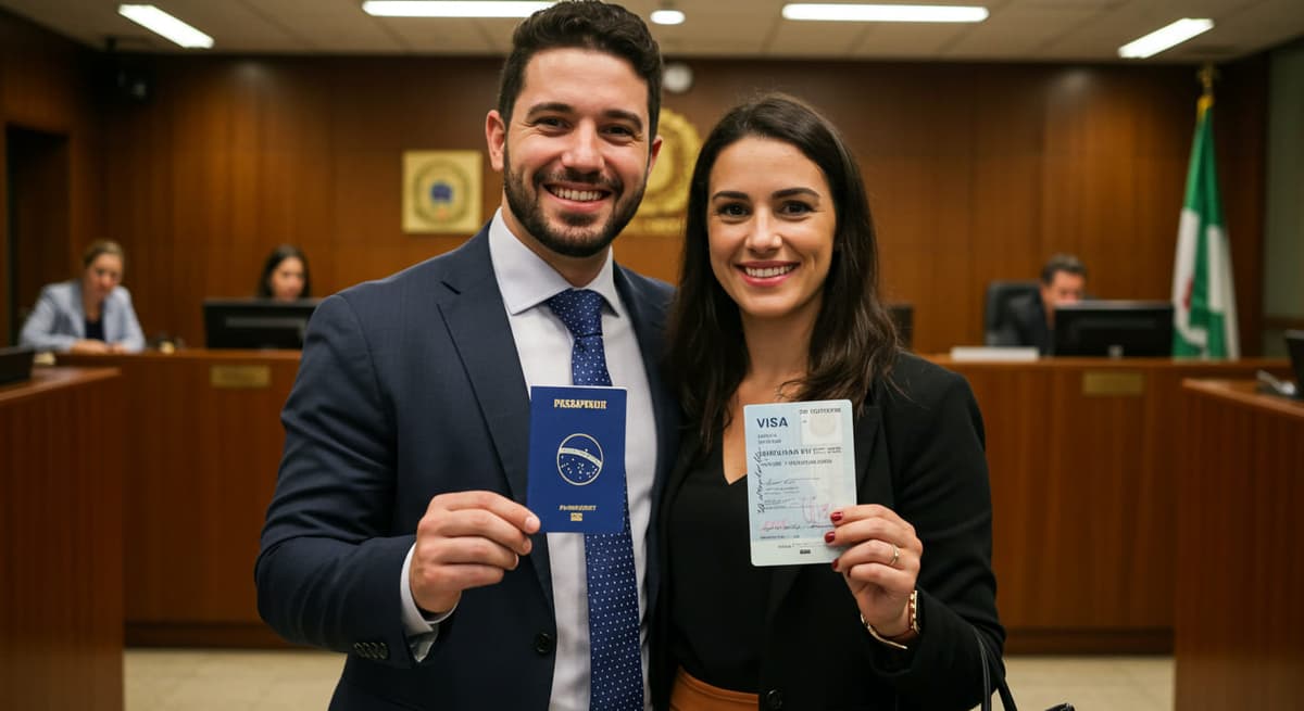 Pessoa feliz com passaporte e aprovação de visto